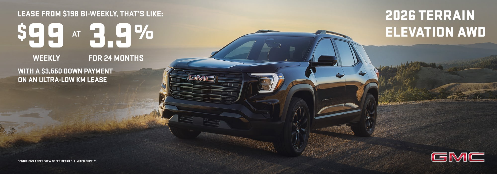 2026 GMC Terrain Elevation AWD offer: Lease at $99 weekly, 3.9% for 24 months with $3,550 down. Scenic background.
