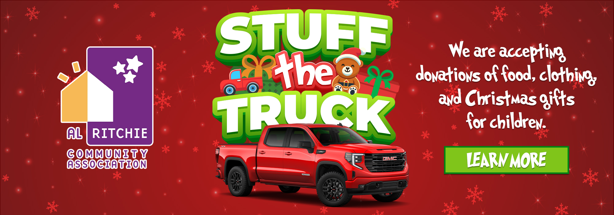 Al Ritchie Community Association's "Stuff the Truck" event poster, accepting food, clothing, and gift donations for children.