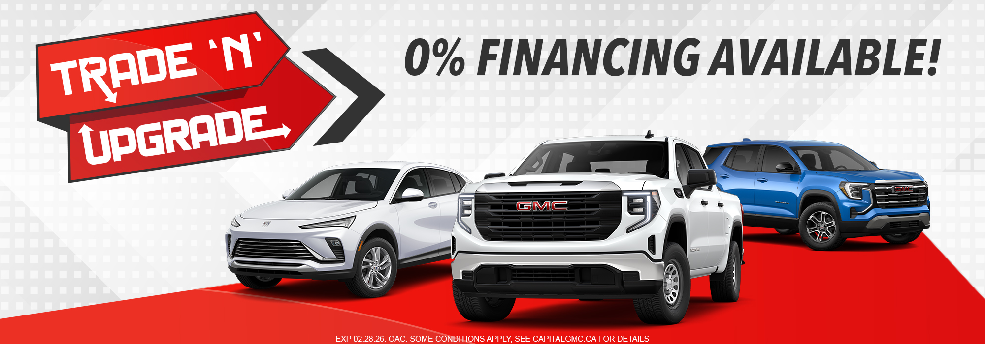 Car sale banner with "Trade 'N' Upgrade" slogan and 0% financing offer, featuring three GMC vehicles.