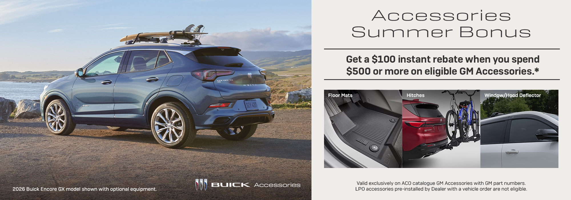 Buick Encore GX by the coast with optional equipment. Accessories offer: $100 rebate on $500 GM accessories.