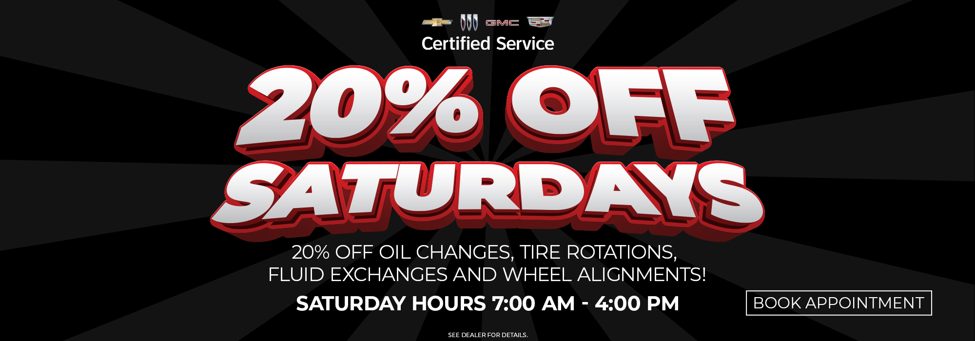 Promo for 20% off Saturdays on car services like oil changes and alignments, 7 AM-4 PM. Book appointment button.