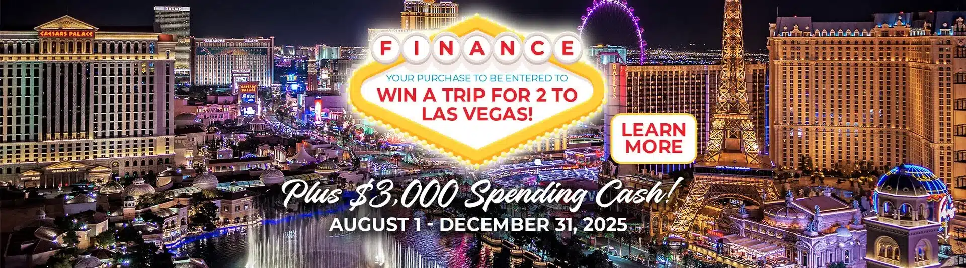 Las Vegas nighttime skyline with a promotion for a trip giveaway and $3,000 spending cash.