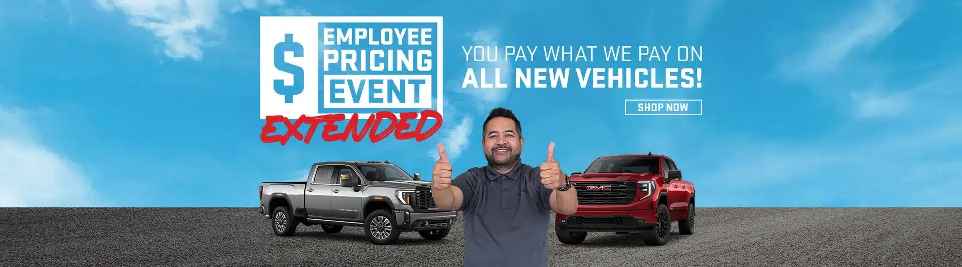Promotion banner for "Employee Pricing Event Extended" with enthusiastic person, trucks, and offer details.