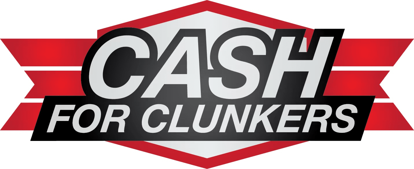"Cash for Clunkers" logo with bold lettering on a red and gray geometric background.