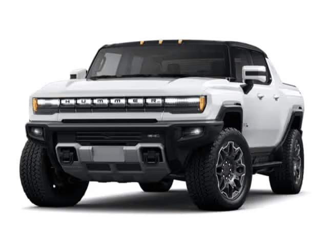 White Hummer EV pickup truck with distinctive front grille and LED headlights.