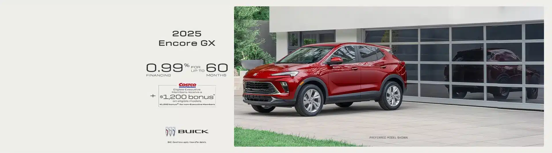 2025 Buick Encore GX in red outside modern building, 0.99% financing for 60 months, $1,200 Costco member bonus.