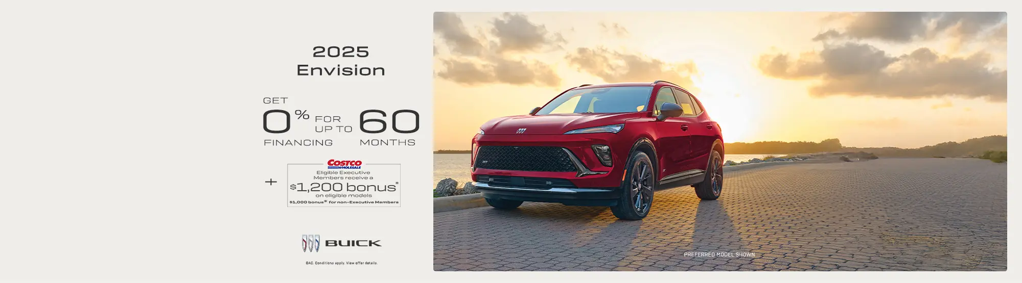 2025 Buick Envision offer: 0% financing for 60 months, plus $1,200 Costco bonus. Red SUV at sunset.