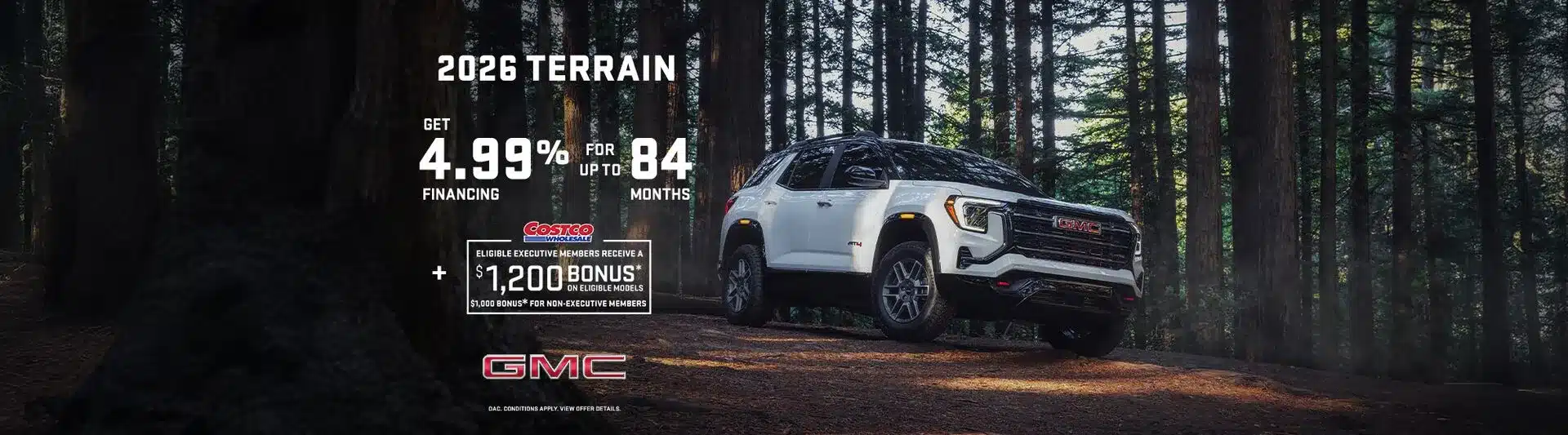 2026 GMC Terrain in a forest with 4.99% financing for 84 months and Costco member bonus offer.