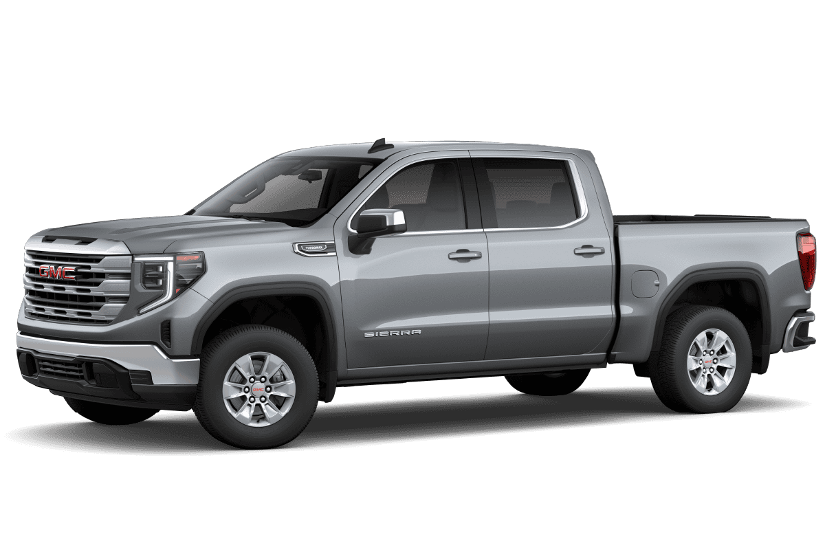 Silver GMC Sierra pickup truck, side view, showcasing sleek design and spacious cabin.