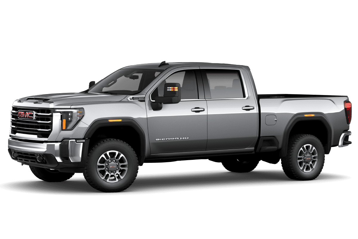 Silver GMC Sierra HD truck, side view on white background, showcasing design and features.