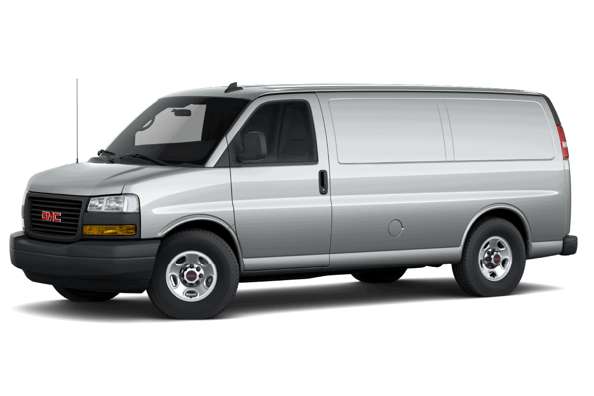 Silver GMC cargo van with tinted windows and red branding, side view.