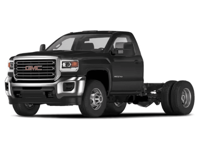 Black GMC truck chassis cab with prominent front grille and no rear body.