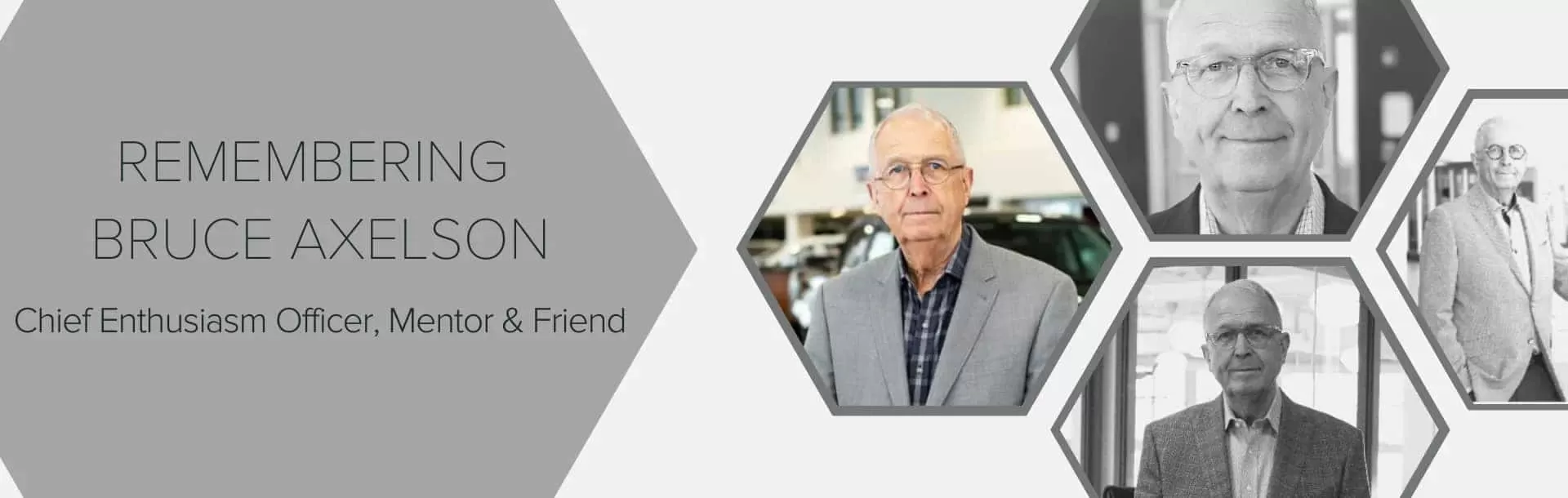 Tribute to Bruce Axelson, labeled as Chief Enthusiasm Officer, featuring multiple grayscale photos.