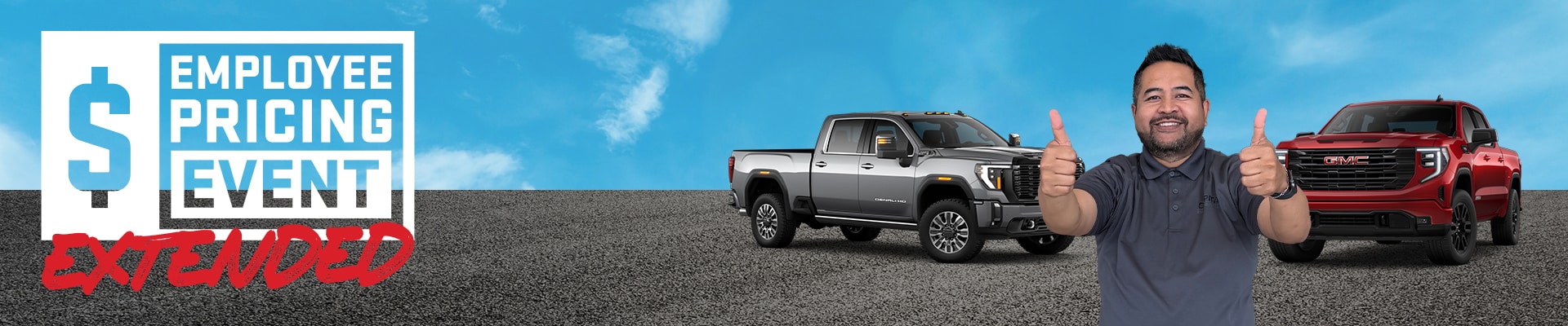 Two people standing in front of gray and red GMC trucks, promoting an "Employee Pricing Event."