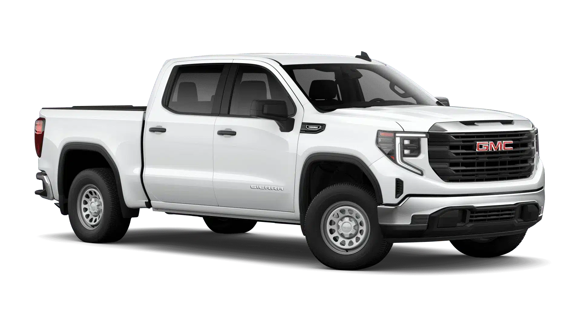 White GMC Sierra pickup truck, side view, showcasing modern design and rugged build.