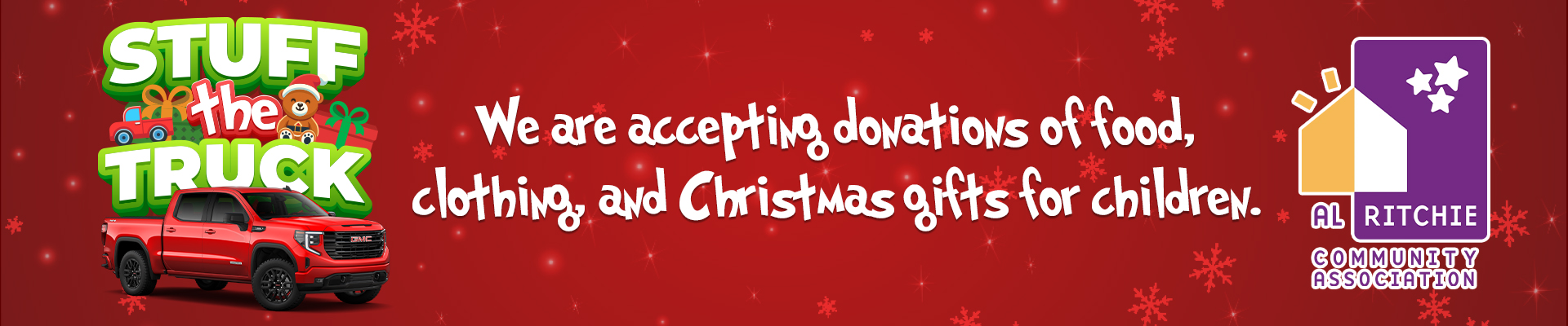 "Stuff the Truck" event banner for donations of food, clothing, and Christmas gifts for children, hosted by Al Ritchie Community Association.