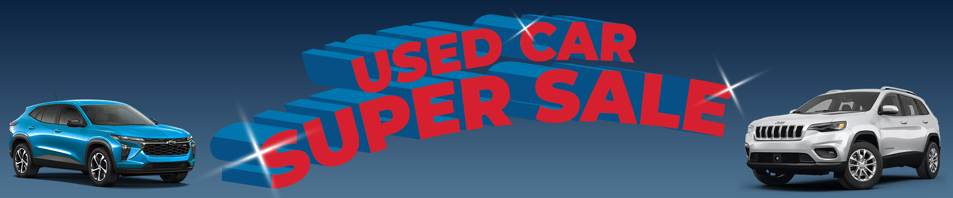 Used Car Super Sale banner with blue and white SUVs against a dark blue background.