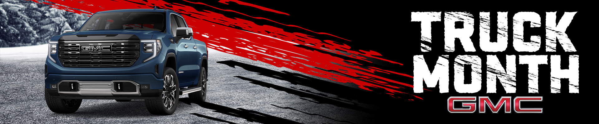 Blue GMC truck on icy road with "Truck Month GMC" text and dynamic red and black graphics.
