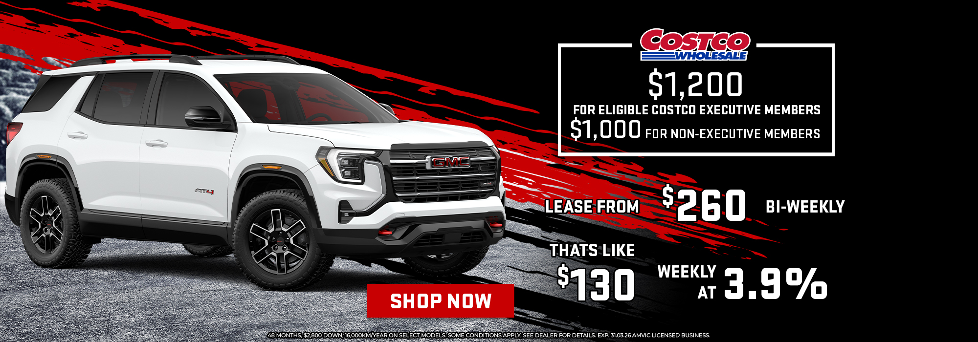 White GMC SUV with leasing offers from $260 bi-weekly and Costco member discounts.