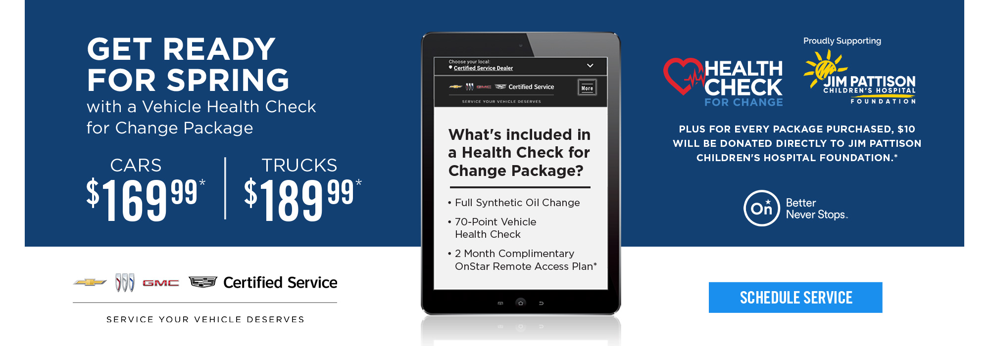 Spring vehicle health check promotion with prices for cars and trucks, supporting Jim Pattison Children's Hospital.