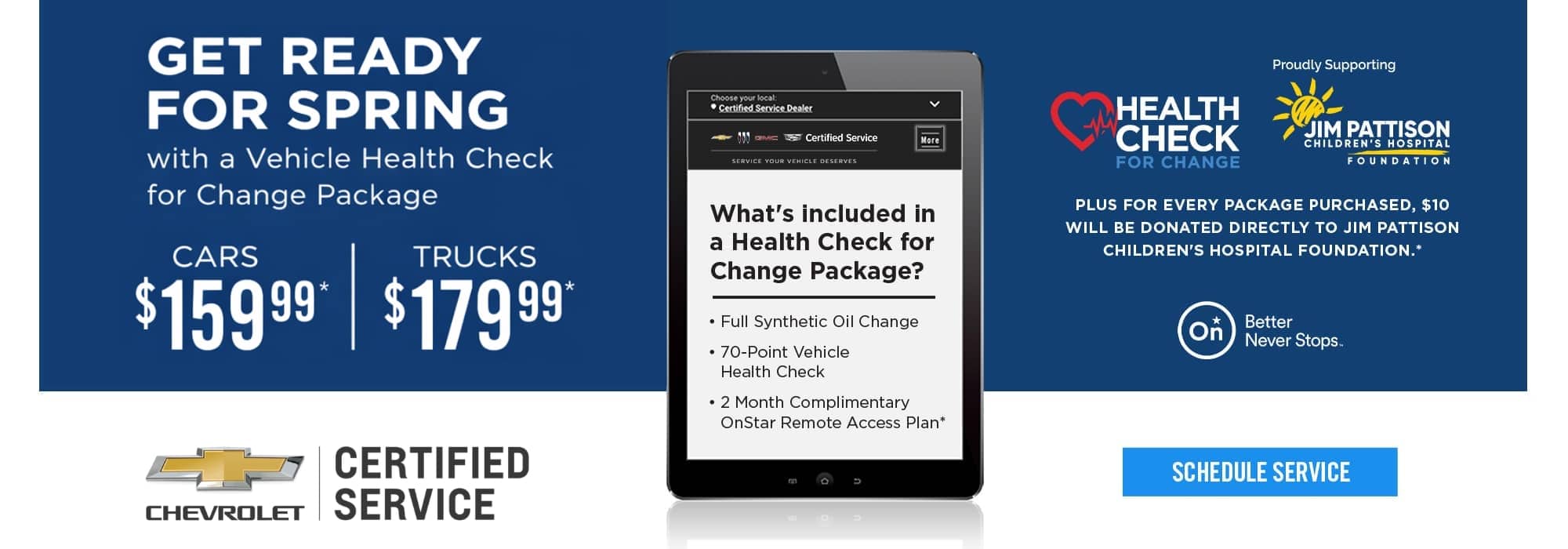 Chevrolet offers a spring vehicle health check for cars at $159.99 and trucks at $179.99, supporting Jim Pattison Children's Hospital.