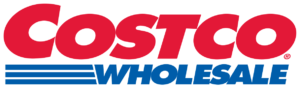 Costco Wholesale logo with bold red and blue text and stripes design.