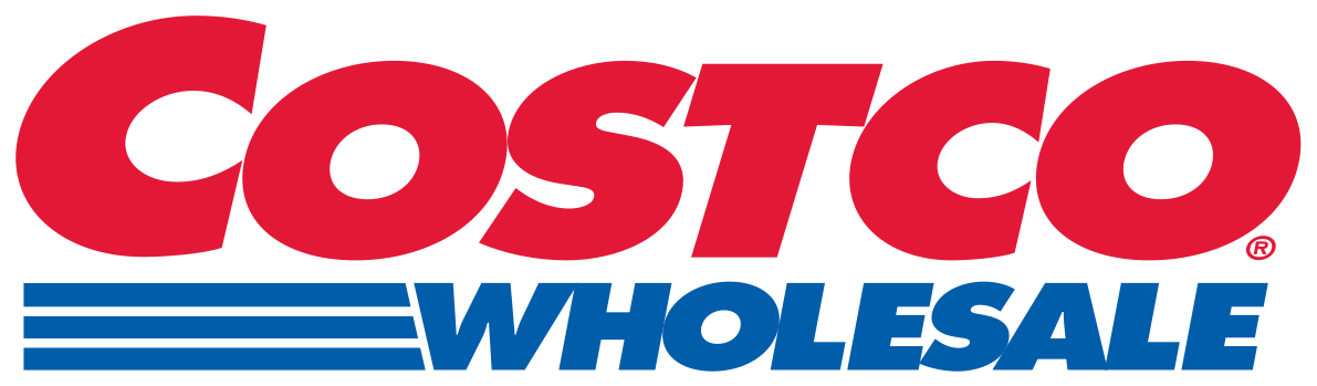 Costco Wholesale logo with bold red and blue text and stripes design.