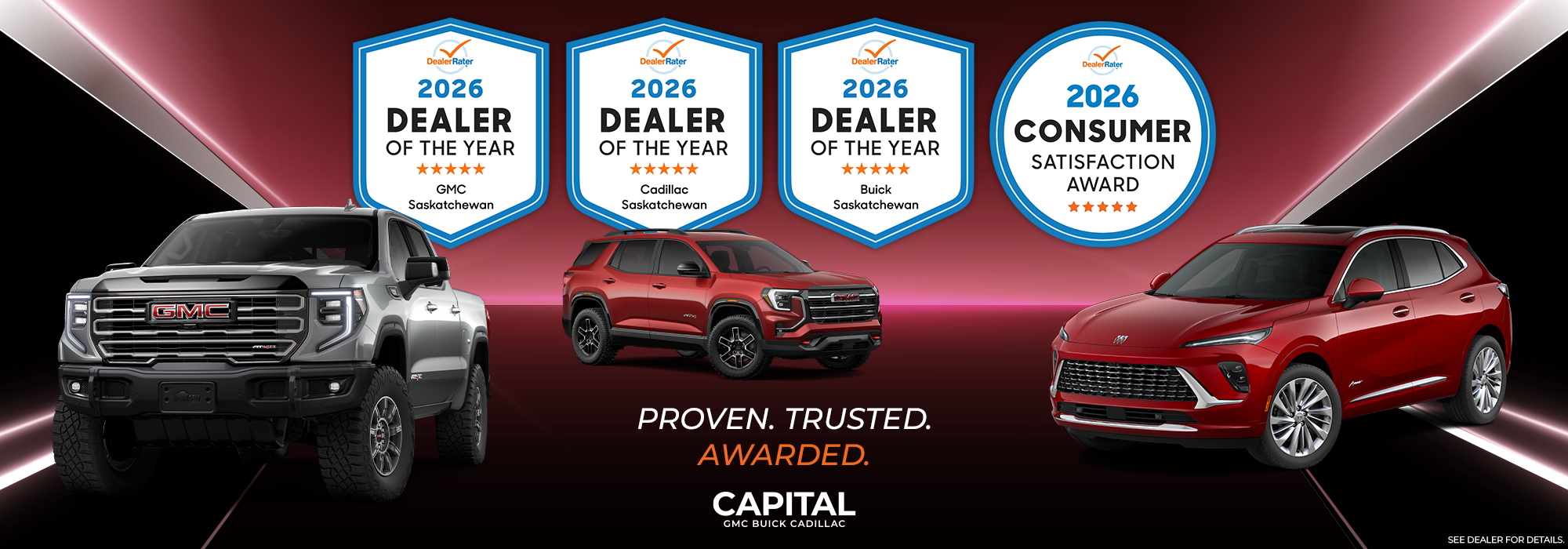 GMC trucks and SUVs with 2026 Dealer of the Year awards for GMC, Cadillac, and Buick in Saskatchewan.