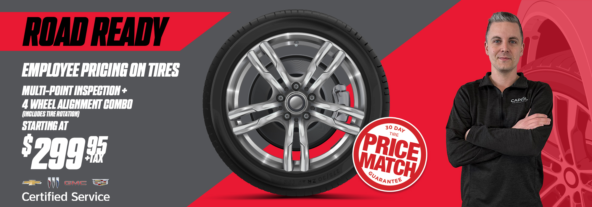 Ad for tire service featuring a wheel, pricing details, and a price match guarantee badge.