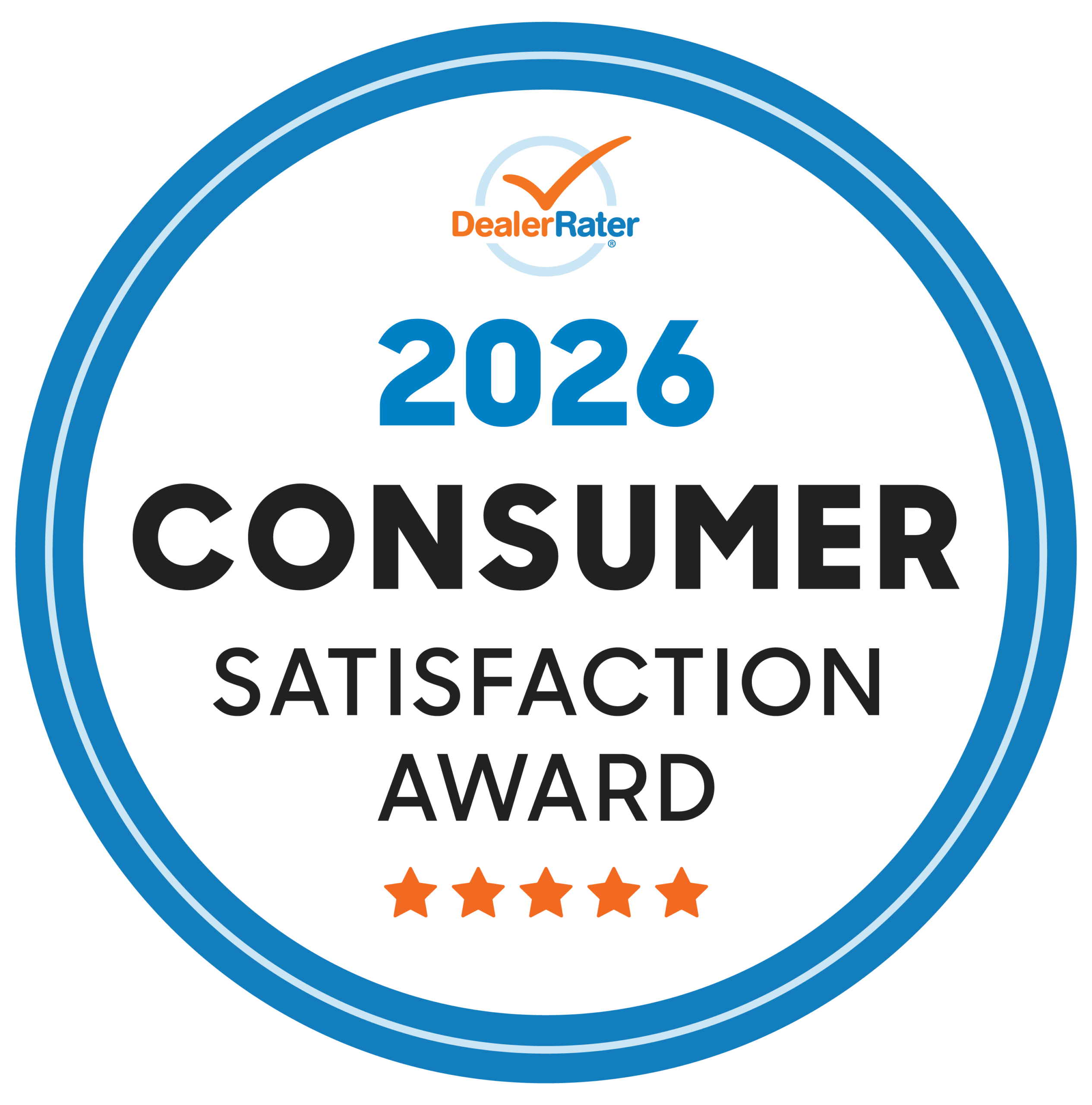 DealerRater 2026 Consumer Satisfaction Award badge with five stars.