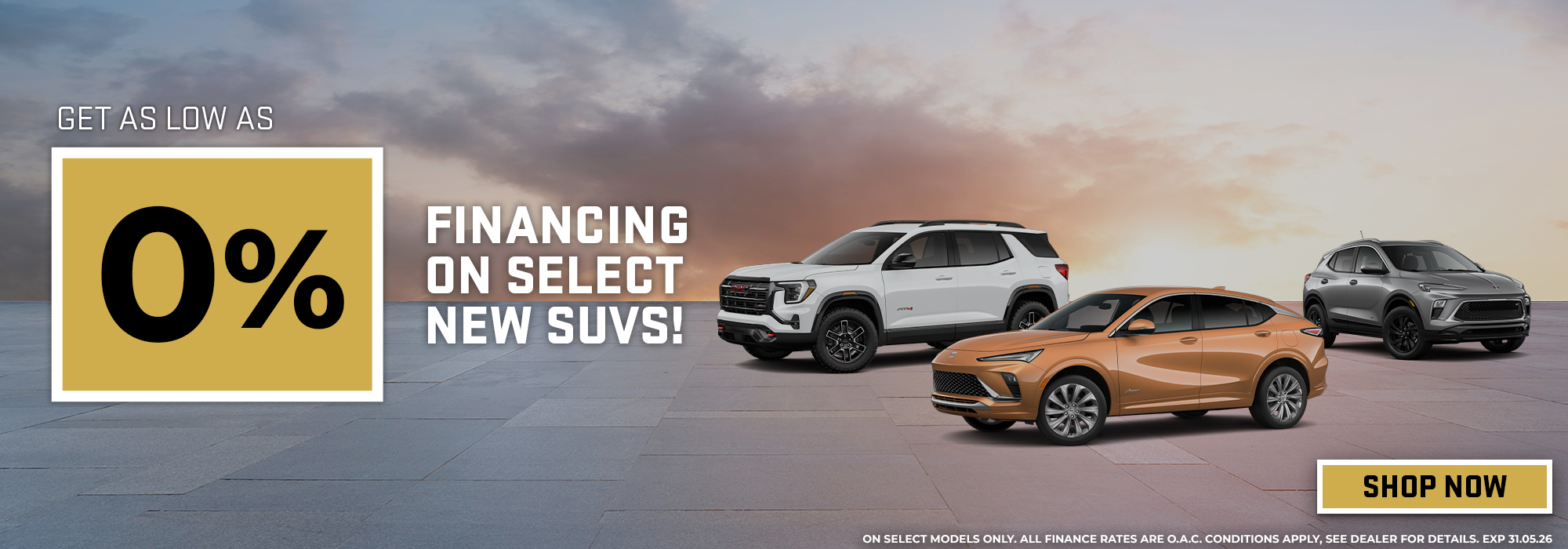 0% financing promotion on select new SUVs with three vehicles displayed and "Shop Now" button.