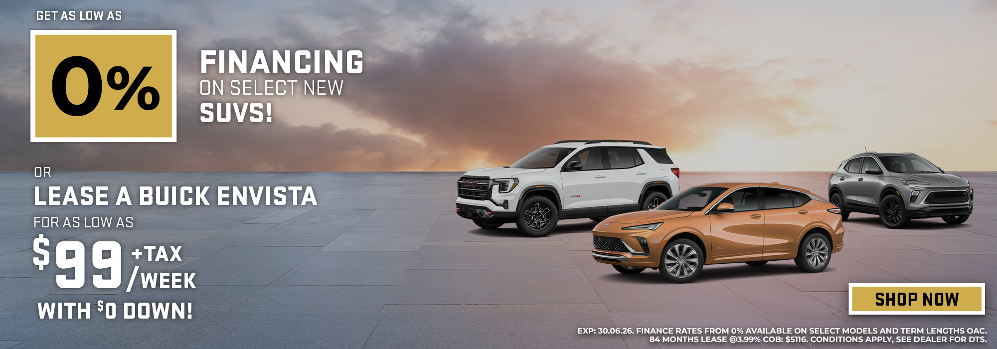0% financing promotion on select new SUVs with three vehicles displayed and "Shop Now" button.