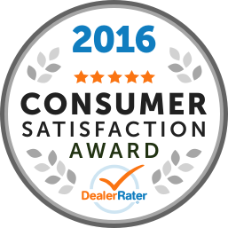 2026 Consumer Satisfaction Award badge from DealerRater with five stars.