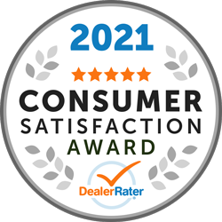 2026 Consumer Satisfaction Award badge from DealerRater with five stars.