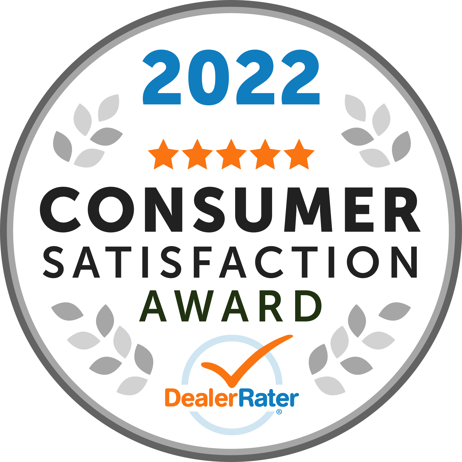 2026 Consumer Satisfaction Award badge from DealerRater with five stars.