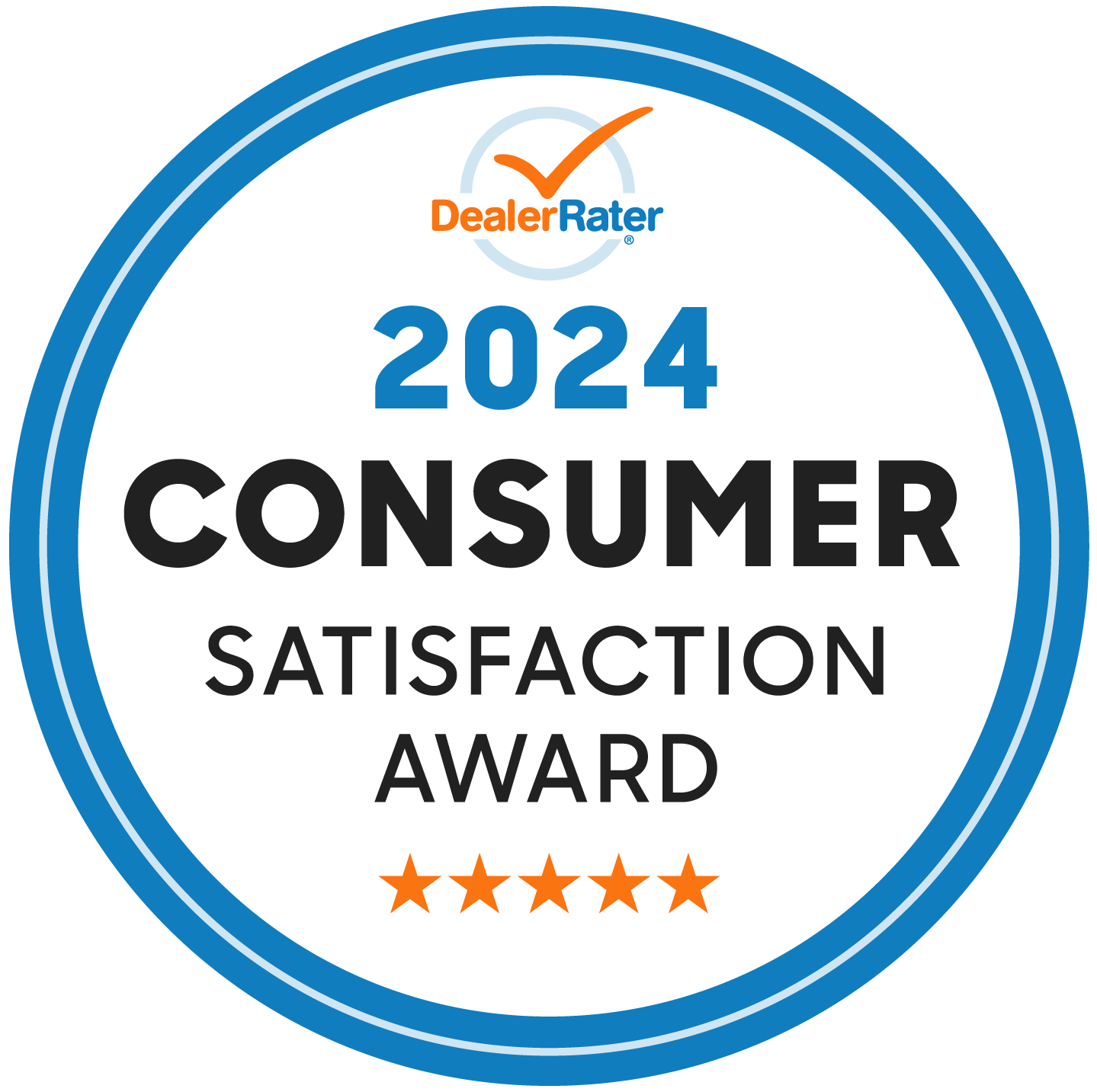 2026 Consumer Satisfaction Award badge from DealerRater with five stars.