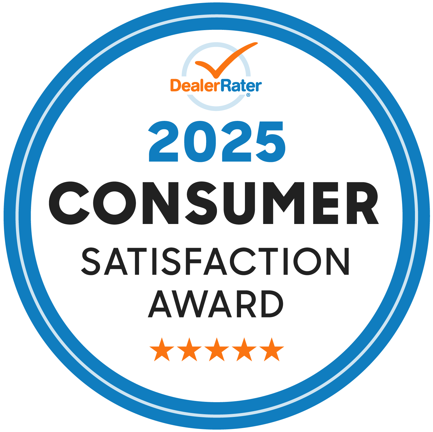 2026 Consumer Satisfaction Award badge from DealerRater with five stars.