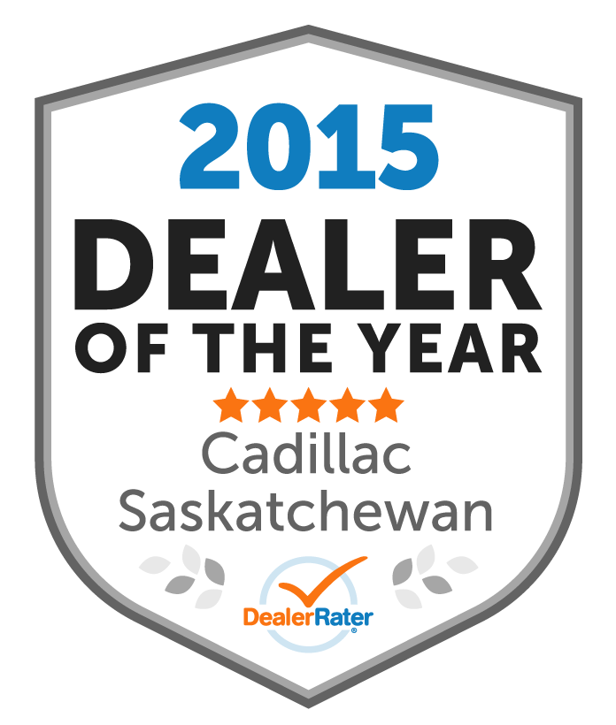 Badge displaying "2026 Dealer of the Year," awarded to a national Cadillac winner, rated by DealerRater.