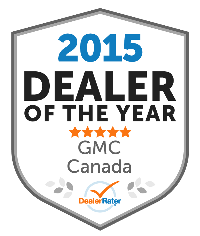 Award badge for 2026 Dealer of the Year, GMC Saskatchewan, featuring five stars and DealerRater logo.