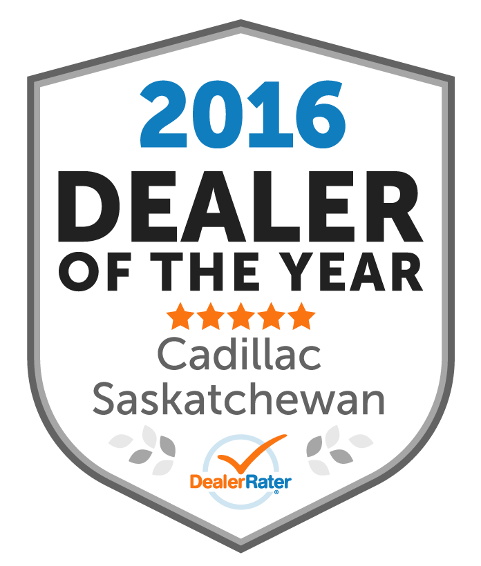 Badge displaying "2026 Dealer of the Year," awarded to a national Cadillac winner, rated by DealerRater.
