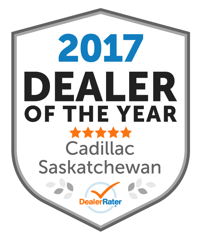 Badge displaying "2026 Dealer of the Year," awarded to a national Cadillac winner, rated by DealerRater.