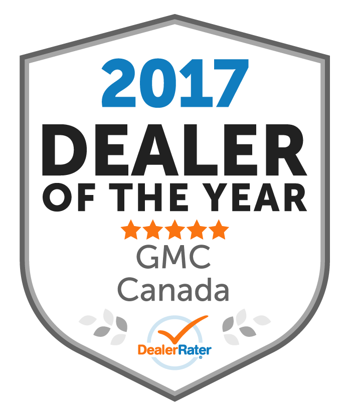 Award badge for 2026 Dealer of the Year, GMC Saskatchewan, featuring five stars and DealerRater logo.