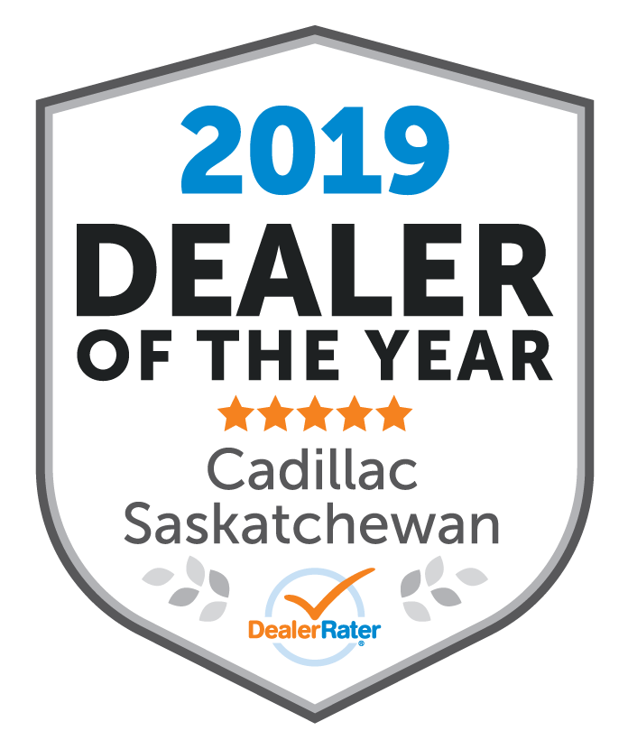 Badge displaying "2026 Dealer of the Year," awarded to a national Cadillac winner, rated by DealerRater.