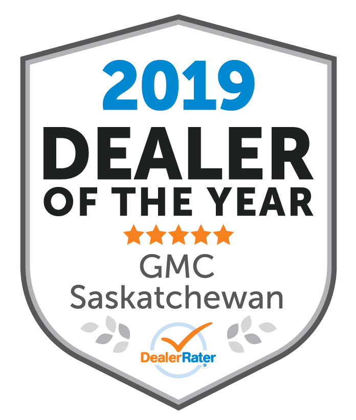 Award badge for 2026 Dealer of the Year, GMC Saskatchewan, featuring five stars and DealerRater logo.
