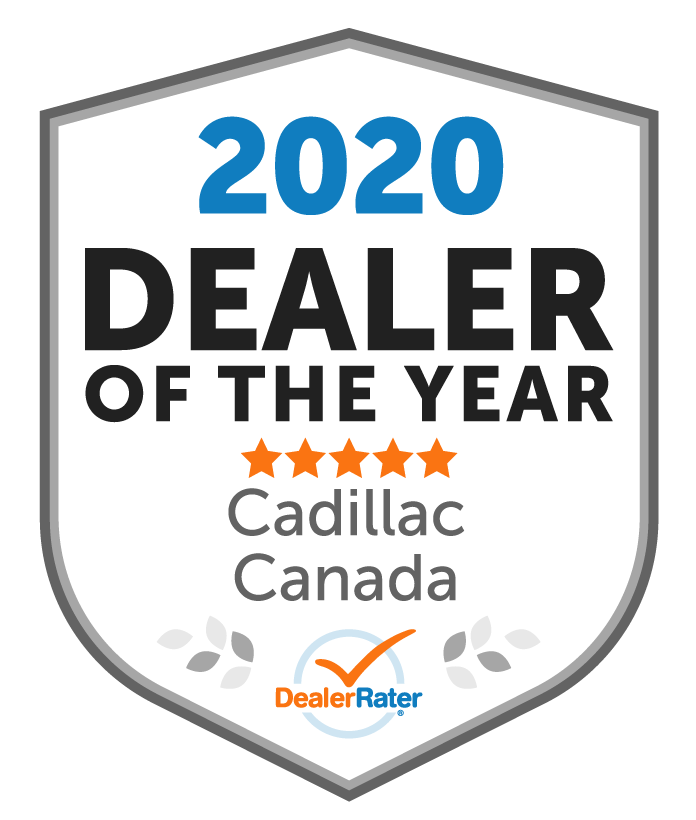 Badge displaying "2026 Dealer of the Year," awarded to a national Cadillac winner, rated by DealerRater.