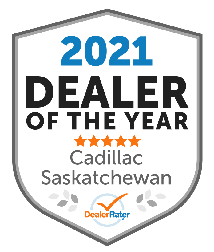 Badge displaying "2026 Dealer of the Year," awarded to a national Cadillac winner, rated by DealerRater.