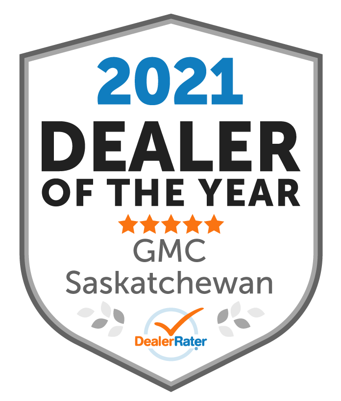 Award badge for 2026 Dealer of the Year, GMC Saskatchewan, featuring five stars and DealerRater logo.