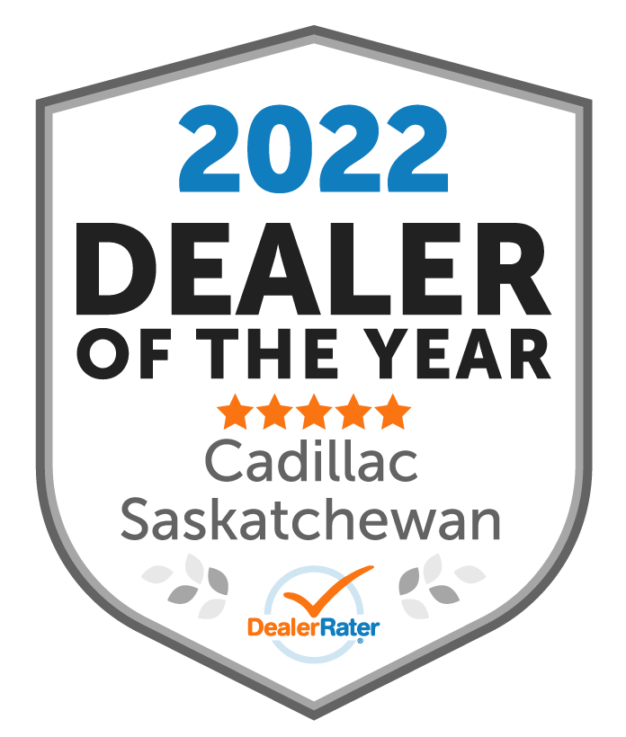 Badge displaying "2026 Dealer of the Year," awarded to a national Cadillac winner, rated by DealerRater.