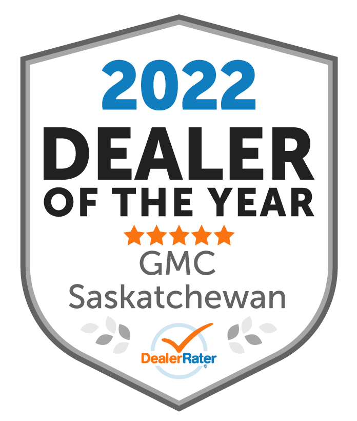 Award badge for 2026 Dealer of the Year, GMC Saskatchewan, featuring five stars and DealerRater logo.