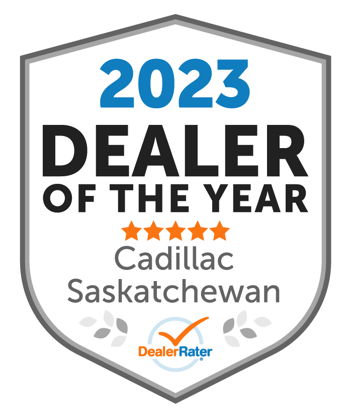 Badge displaying "2026 Dealer of the Year," awarded to a national Cadillac winner, rated by DealerRater.